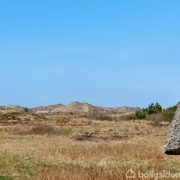 Halmtagsbygning står i forgrunden til højre, mens sandklitter strækker sig i baggrunden under en klar blå himmel. Græsset er tørt og omgiver bygningen.