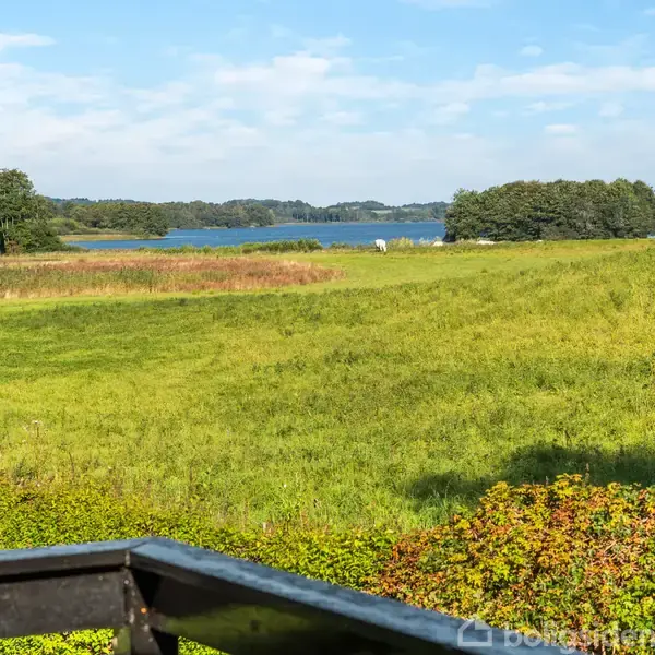 En grøn eng strækker sig mod en sø i baggrunden, omgivet af træer under en blå himmel med spredte skyer. Forgrunden viser et stakit.