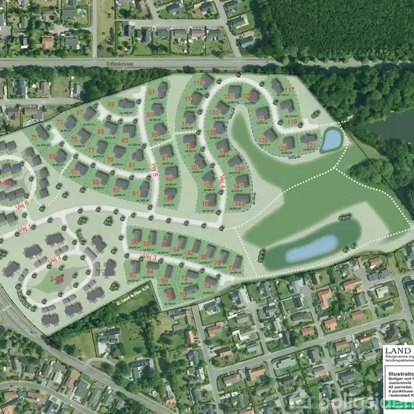 Kort viser et foreslået boligområde med snoede veje og huse indrammet af grønne områder, søer og skove. Tekst: "LAND & PLAN. Illustrationsplan, mål 1:2000, tegningsnummer 226."