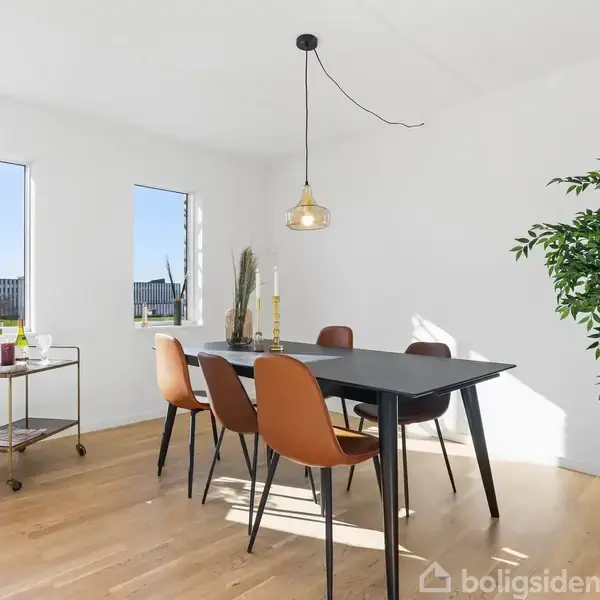 Et spisebord står i et lyst rum med fire stole omkring det. En lampe hænger over bordet, og et plantestativ står ved siden af. To vinduer lader sollys trænge ind.