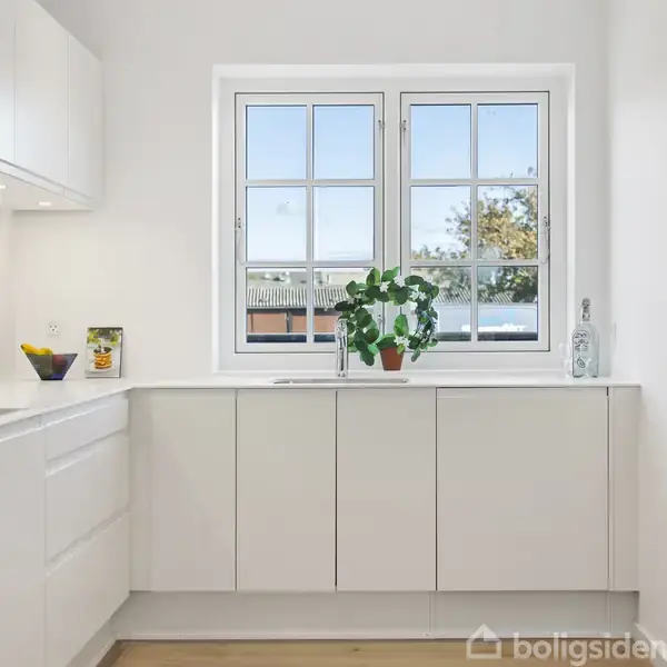 Et lyst, moderne køkken med hvide skabe står i ro. En grøn plante står på vindueskarmen. Udenfor vinduet ses træer under en blå himmel.