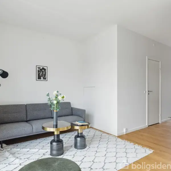 En grå sofa står i hjørnet af en stue med hvidmalede vægge. Et lille bord med vaser står foran sofaen. Gulvet er af træ, og et tæppe dækker området. En lampe står ved sofaen, og en dør ses i baggrunden. En plante står til venstre.