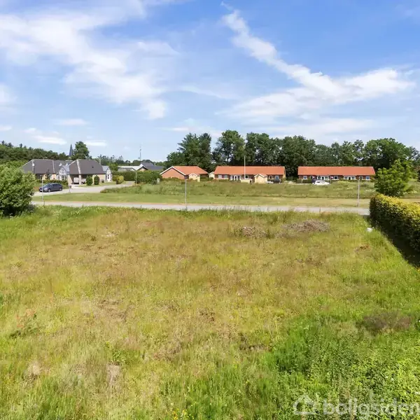 Græsplæne ligger ubenyttet, omkranset af hække og buske. I baggrunden ses en vej med huse og et skovbryn under en klar, blå himmel.