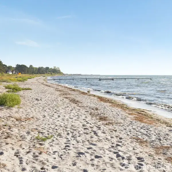 Strand med sand og spredt vegetation strækker sig langs kysten. Havets bølger ruller roligt ind mod land. Skovklædte områder er synlige i baggrunden under en klar blå himmel.