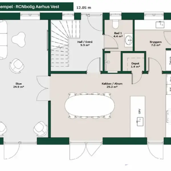 Plantegning viser en bolig med stue, køkken/alrum, badeværelse, bryggers, hall, depot og trapper. Tekst: "Projekthus til eksempel! - RCNbolig Aarhus Vest." Dimensioner: 12,05 m x 7,79 m.