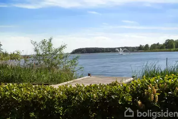 En træbrygge strækker sig ud i en fredelig sø omgivet af grønne buske og træer, mens en fontæne sprøjter vand op i baggrunden under en klar blå himmel.