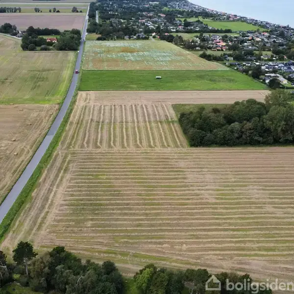 En stor mark med høstede afgrøder ligger ved siden af en snoet vej. I baggrunden ses en kystby med huse, træer og havudsigt.