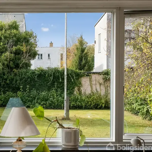 Et vindue viser en græsplæne med hække og træer udenfor. Indenfor står en lampe på en vindueskarm med potteplanter. Boligkomplekser kan ses i baggrunden.