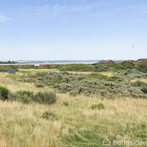 Græsareal med buske strækker sig mod horisonten hvor røde bygninger og havet kan ses. Blå himmel dominerer baggrunden. Sti til venstre skaber en åben atmosfære.