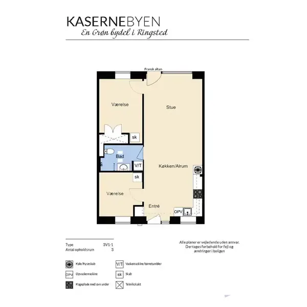 Plantegningen viser en lejlighed med to værelser, en stue, køkken/alrum, badeværelse, og entré. Tekst: "KASERNEBYEN, En Grøn bydel i Ringsted, Type 3V/1, Antal opholdsrum 3."