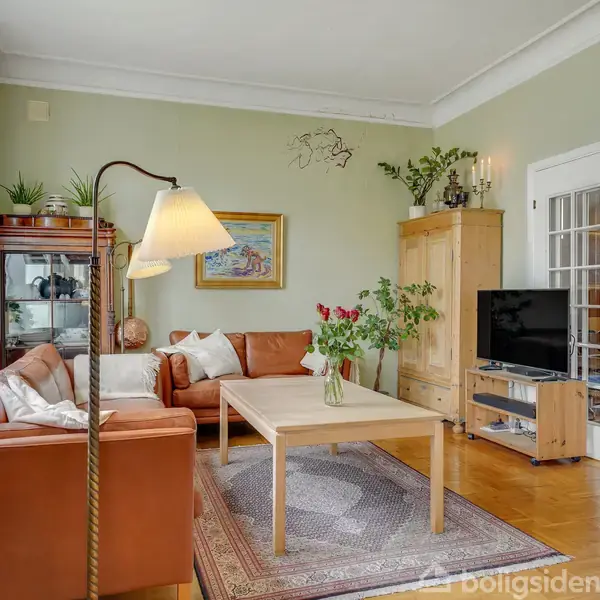 Stue med lædersofa, sofabord og gulvlampe, placeret i et rum med grønne vægge. Der er en fladskærms-tv i et hjørne, billedrammer og planter omkring.