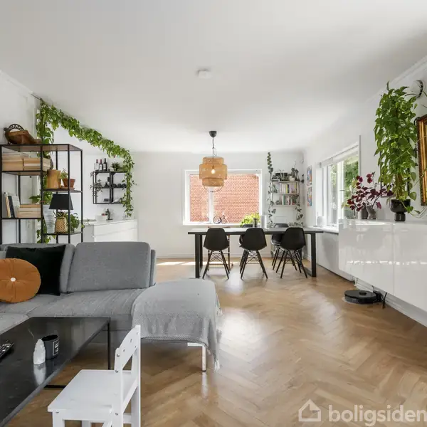 En moderne stue med grå hjørnesofa åbner mod et spiseområde med sort bord og stole. Hylder med planter og dekorativ belysning skaber en lys og hyggelig atmosfære.