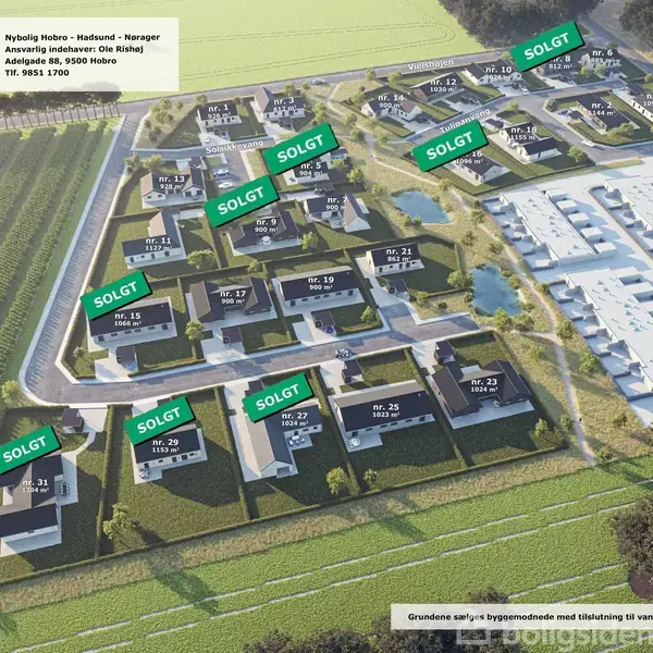 Boligkompleks med flere huse markeringer "SOLGT" på plakater. Beliggende i et åbent, grønt område ved siden af marker og vand. Tekst: "Nybolig, Ansvarlig indehaver: Ole Risbjerg, Adelgade 58, 9500 Hobro, Tlf. 9851 1700."