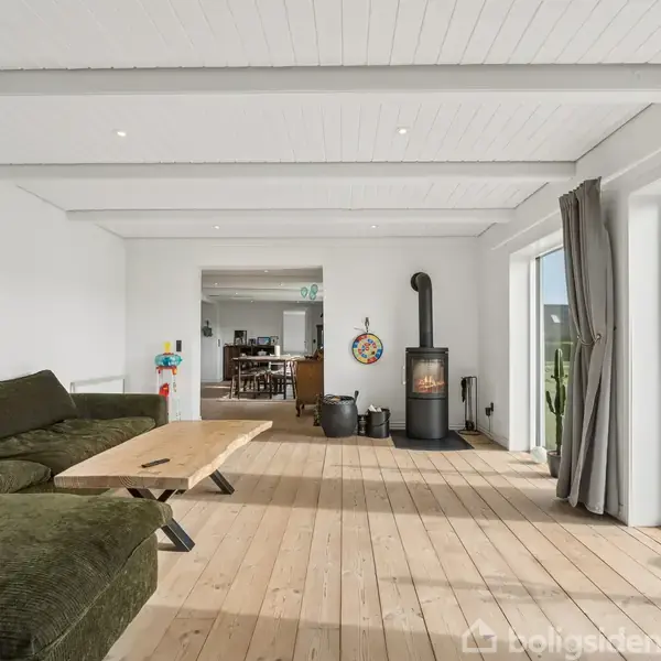 En grøn sofa står i en stue med trægulv. Ved siden af brændeovnen er der store vinduer, der giver udsigt til en grøn have. Der er en reol på væggen.