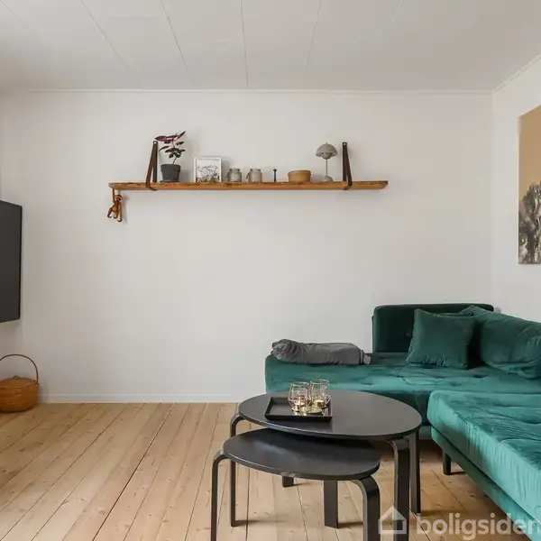 Grøn sofa i stue, stående på trægulv. Tv hænger på væggen. Væggen har også en hylde med planter og dekorationer. To runde borde står foran sofaen.