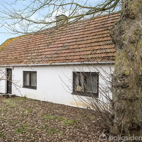 Hvidt, ældre hus med rødt tegltag står stille i en begrundet have med visne blade og store træer, understreget af en rolig, landlig atmosfære.