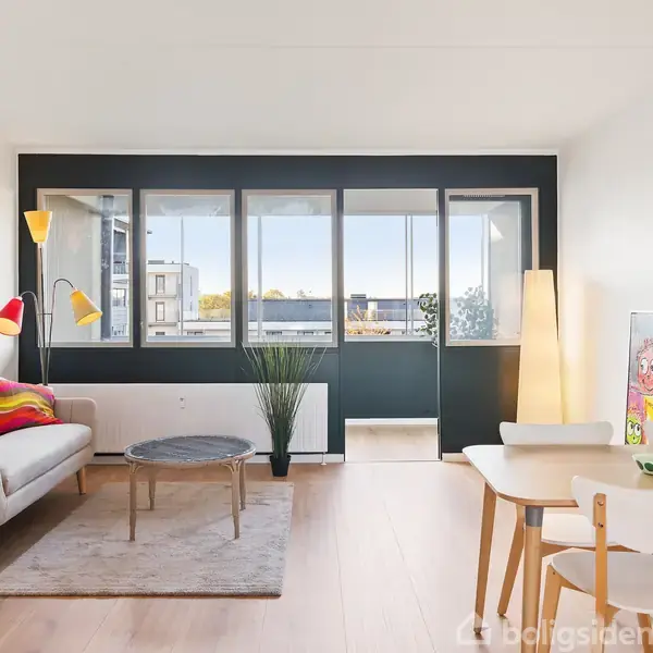 En stue med en grå sofa og farverige puder, der står ved siden af en gulvlampe. Et sofabord er i forgrunden på et tæppe, med et spisebord og stole til højre. Store vinduer i baggrunden giver lys.