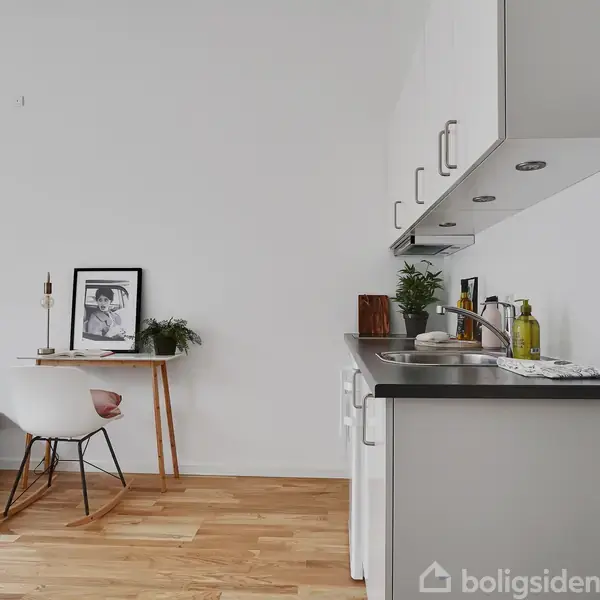 Køkkenbord med håndvask og skabe langs væggen, dekoreret med planter og olier; i stuen ses en skrivebord med stol, billedkunst og planter. Trægulve og lyse vægge.