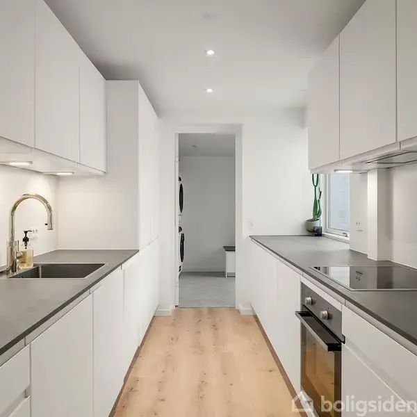 Køkken med hvide skabe, sort bordplade og moderne apparater. Vandhane ved vasken, komfur på højre side. Trægulv, kaktus ved vindue. Lys fra loftet skaber en moderne atmosfære.