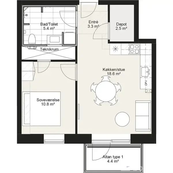 Plantegning viser en lejlighed med entre (3,3 m²), depot (2,5 m²), køkken/stue (18,6 m²), soveværelse (10,8 m²), bad/toilet (5,4 m²), teknikrum, og altan type 1 (4,4 m²).