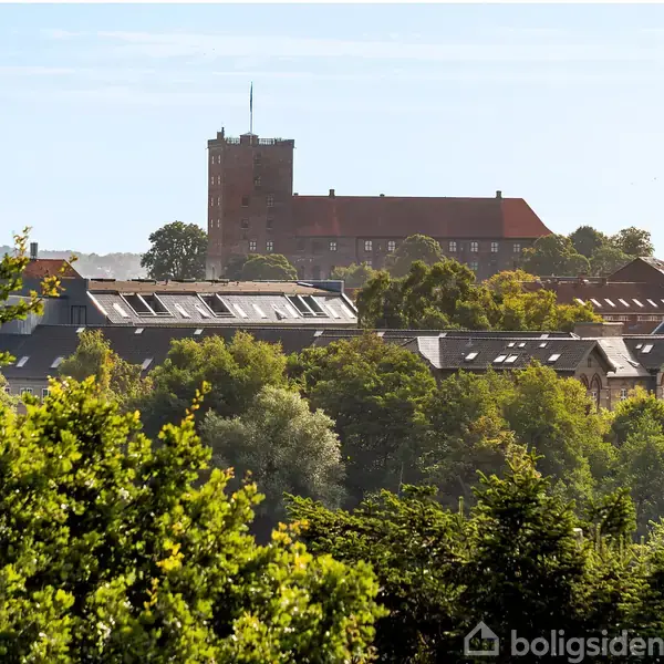 En middelalderlig borg står stille, omgivet af frodige træer og moderne bygninger. Borgen har et stort, rødt tag og et højt tårn, hvilket fremhæver dens historiske atmosfære.