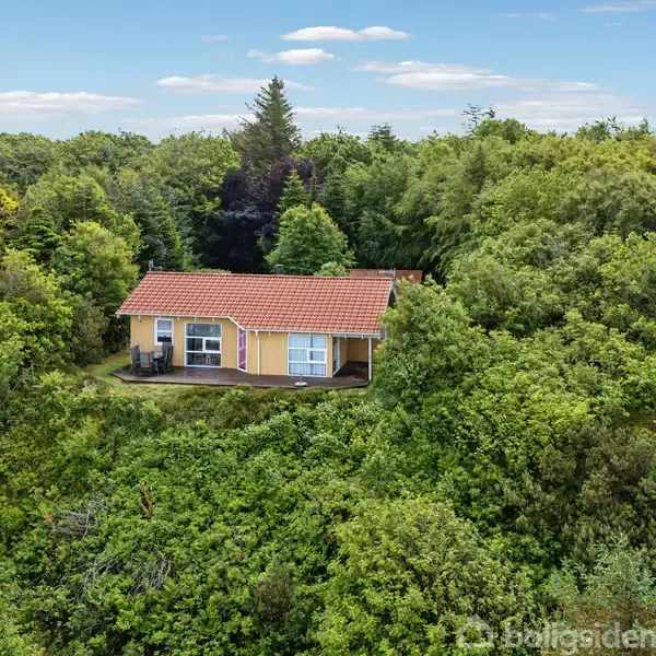 Huset med rødt tag står stille omgivet af tæt bevoksning af træer og buske i et naturpræget område.