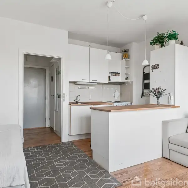 Køkkenområde med hvidt skab og ø på trægulv, to hængende lamper over barområde. Stue til venstre med gråhjørnesofa, moderne indretning, lille kabinet med planter ovenpå.