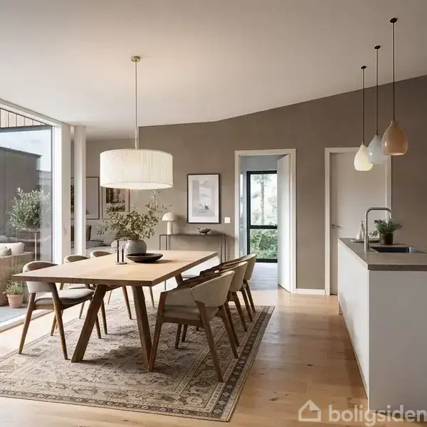 En spisestue med et træbord og seks stole står centralt. Lamper hænger over bordet, og store vinduer viser en terrasse med planter. Rummet har lyst trægulv og moderne indretning.