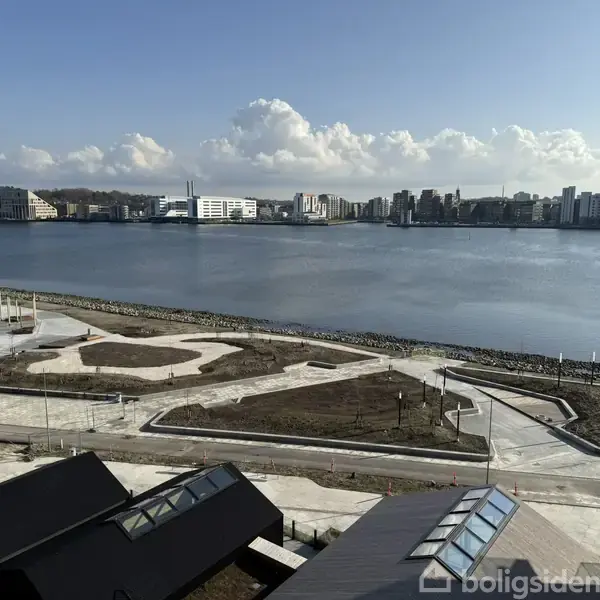 En park ligger ved siden af en stor sø med stier og grønne områder. I baggrunden ses byens skyline under en blå himmel med skyer.
