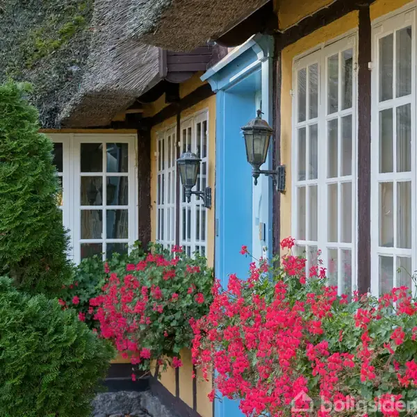 En traditionel bindingsværkshusfacade med hvidrammede vinduer og blå dør. Røde blomster pryder vindueskarmene, mens to lanterner hænger ved døren. Grønt buskads omkranser huset.