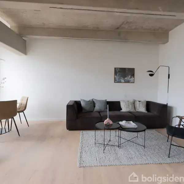 En sort sofa står på et lyst gulv i en stue, ledsaget af et sofabord og en stol. Ved siden af er et spisebord med stole, og en stor kaktus står i hjørnet.