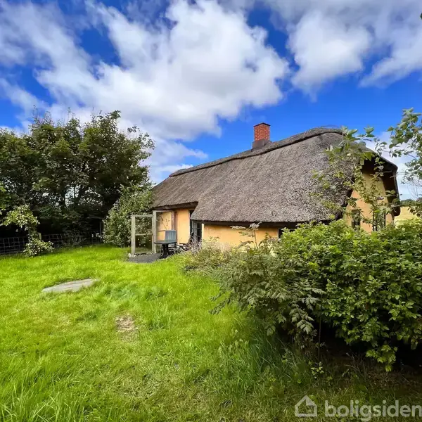 Et stråtækt gult hus står stille omgivet af en frodig have med grønne træer under en blå himmel med skyer.