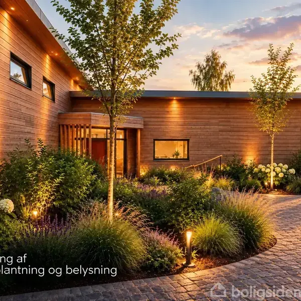 Et moderne træhus om aftenen med belysning, omgivet af anlagte planter og en flisebelagt sti. Solnedgang i baggrunden. Tekst: "Visualisering af mulig beplantning og belysning."