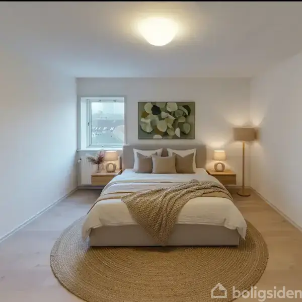Sengen er centreret med puder og et kastet tæppe i et lyst soveværelse. En gulvlampe og natbord med lampe står ved siden af. Et maleri hænger over sengen.