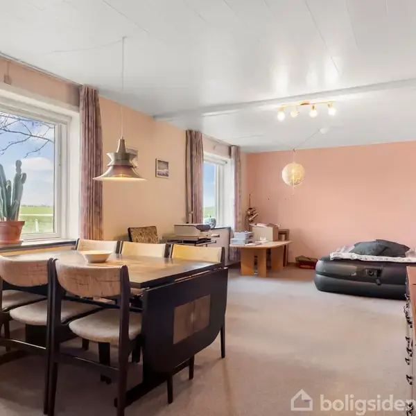 Spisebord med seks stole står i et rum med lyserøde vægge. En kaktus er ved vinduet. Sofa og bogreol ses i baggrunden. Udenfor vinduet er der grønt landskab.