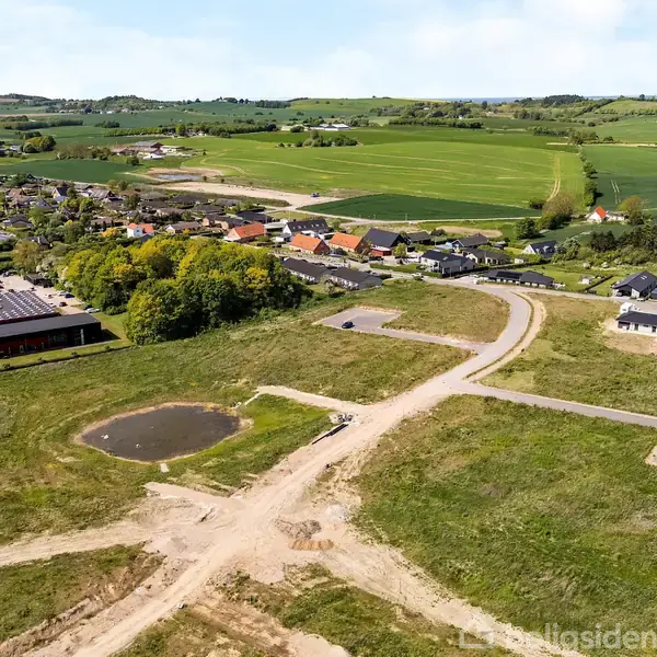 En åben mark med stier snor sig gennem det grønne landskab. I baggrunden ses en landsby med huse og grønne marker under en lys blå himmel.