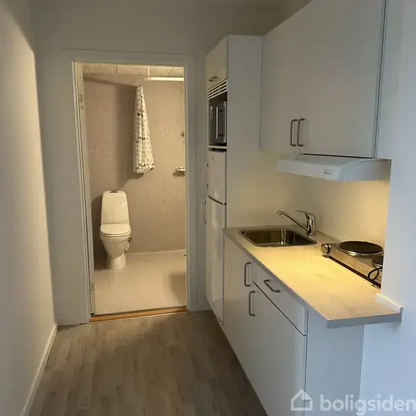Et lille køkken med hvidt køkkeninteriør og træbordplade, indeholdende en vask og kogeplader. Der er en passage til et badeværelse med toilet og bruseforhæng. Gulvet er i lyst træ.