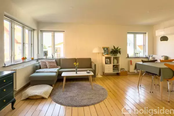 Sofa står i en lys stue ved vinduer. Stuebord på tæppe, lampe og planter ved hylde. Spisebord med stole i baggrunden. Trægulve skaber varm atmosfære.