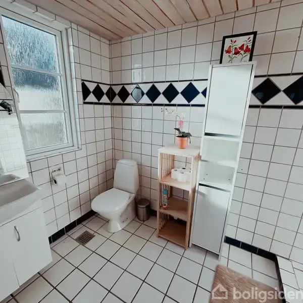 Badeværelse med hvidt flisebelagt vægdesign og sort diamantmønster, en håndvask med skab til venstre, toilet i midten og hylde med planter og toiletartikler foran et spejl.