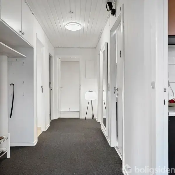 Gang med hvidmalede vægge, tæppebelagt gulv og indbygget skab. En hvid lampe står forenden af gangen. Til højre ses et køkken med flisevægge og brune skabsfronter.