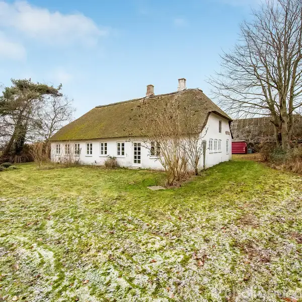 Hvidkalket hus med stråtag står stille i en åben have, omgivet af træer og græs med let frost. Himmel er skyfri og lyseblå.
