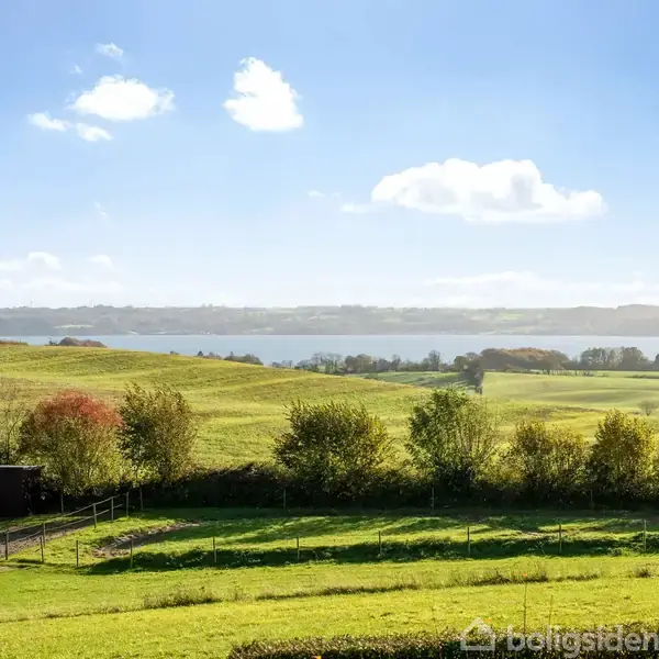 Grønne marker strækker sig mod en fjord i baggrunden under en blå himmel med spredte skyer. Et par bygninger ses til venstre blandt træer.