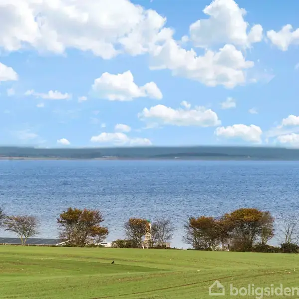 Havet strækker sig bredt under en himmel med spredte, hvide skyer. I forgrunden ses en række træer ved kanten af en grøn græsplæne.