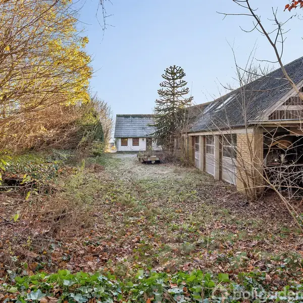 Et ældre hus med en høj tagryg står omgivet af en tilgroet have. Til højre ses en lade, og i baggrunden er der et mindre hus. Det hele er omgivet af træer.