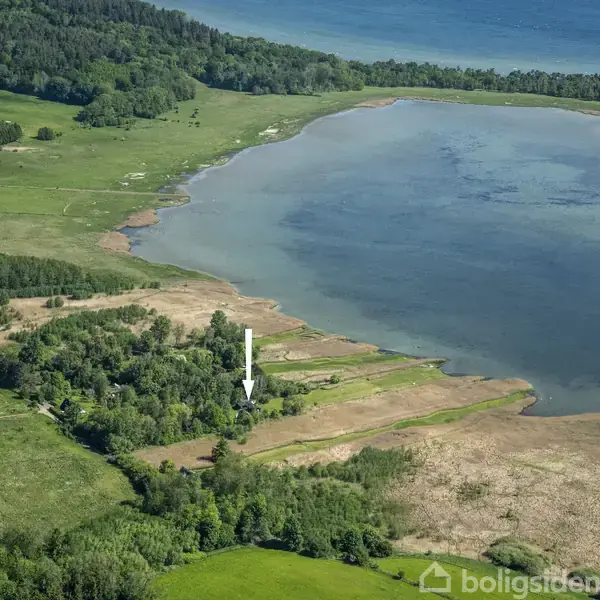 Et luftfoto viser en stor sø omgivet af grønne marker og skove. En hvid pil peger på et specifikt sted nær vandet, hvor en grusvej kan ses mellem træerne.