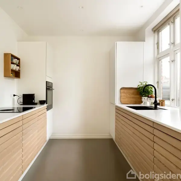 Et moderne køkken med lyse træskuffer og hvide vægge. En stor, solbelyst vindueskarm rummer planter. Der er en vask, opvaskemiddel og skærebræt på den ene bordplade.