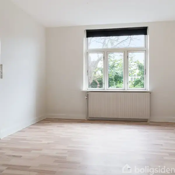 Et lyst og tomt rum med lyst trægulv og hvide vægge. Vindue med udsigt til grøn beplantning. Radiator under vinduet. Døråbning til et tilstødende rum.