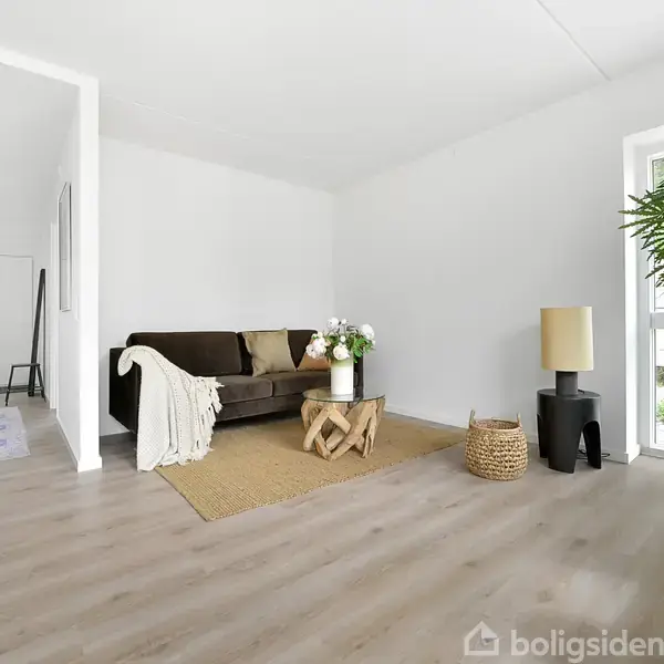 Sofa med tæppe og puder står stille i en lys stue, dekoreret med planter og lamper. Trægulve under et tæppe og et lille bord med blomster ved siden af.