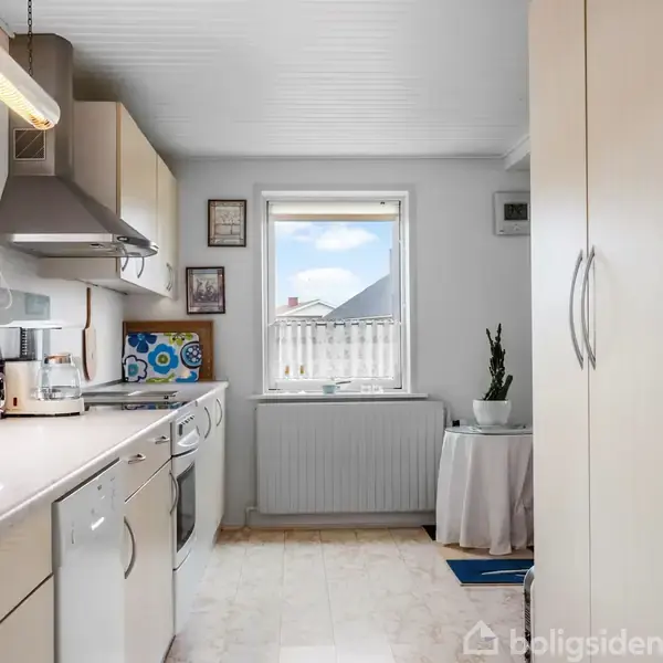Et smalt køkken med hvide skabe og apparater har en kaffemaskine og ventilationshætte. Et vindue viser udefrakommende lys, mens en lille plante står på et bord.