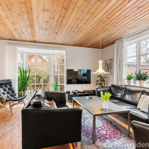 Sort lædermøblement står i en stue med trægulv og træloft. Rummet er lyst med store vinduer, og grønne planter pynter i hjørnerne. En væglampe og en sofa skaber en hyggelig atmosfære.